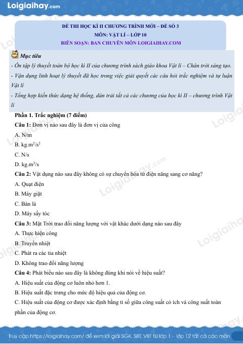 Đề thi học kì 2 Vật lí 10 Chân trời sáng tạo - Đề số 3